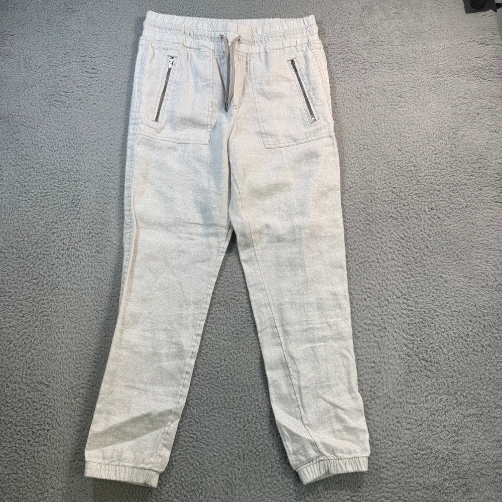 Athleta Cabo Linen Jogger Pants Womens 4 Oatmeal Beige Drawstring Zip Pockets
